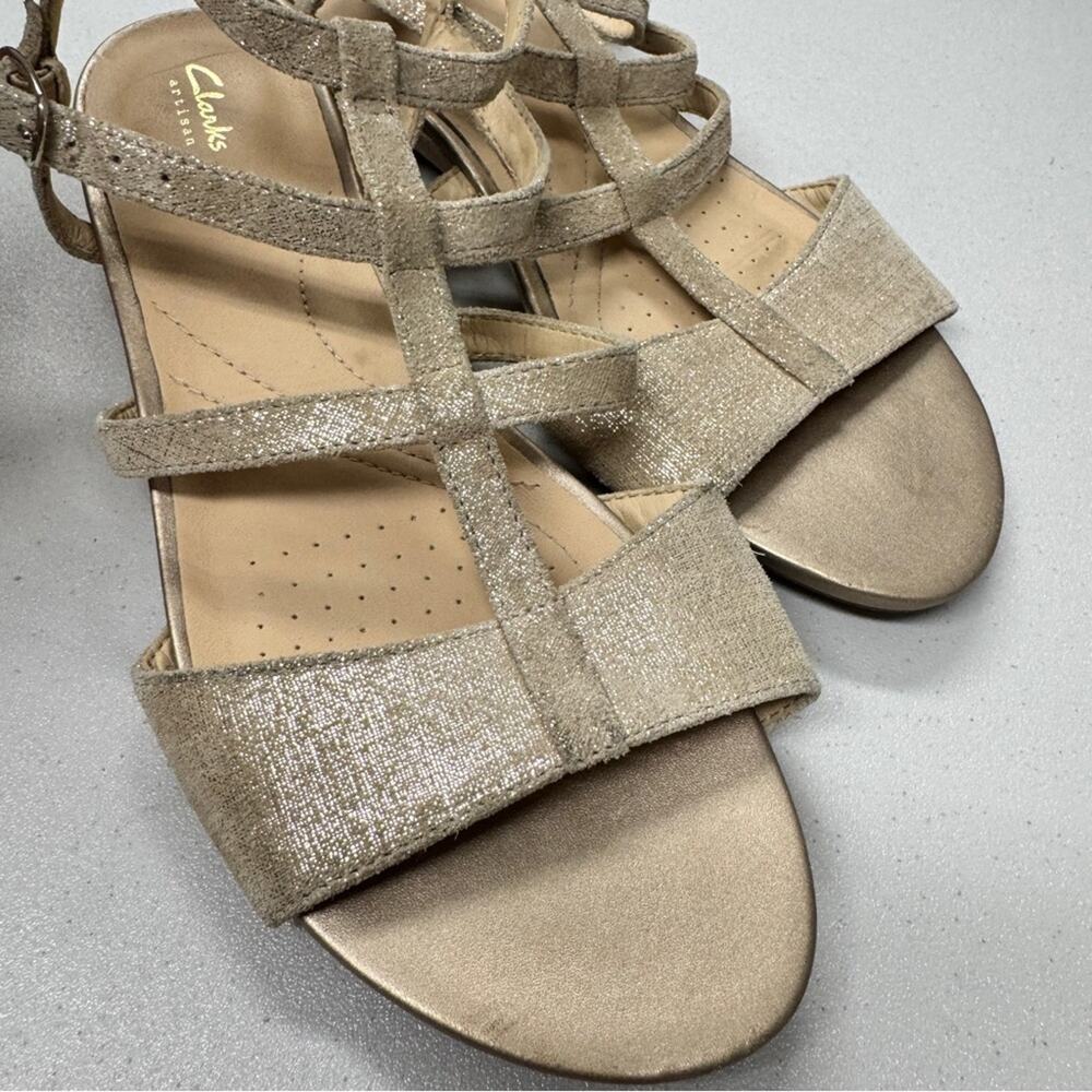 Clarks Gold Leather Strappy Mini Wedge Sandals Womens 7 Beachy Casual Comfort - Picture 3 of 8